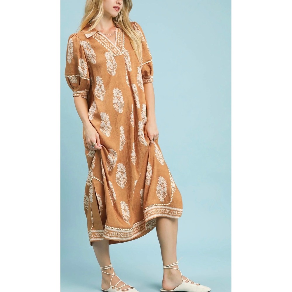 Umgee sz M Latte Border Print Collared Midi Dress Boho Beach Travel Free Spirit
